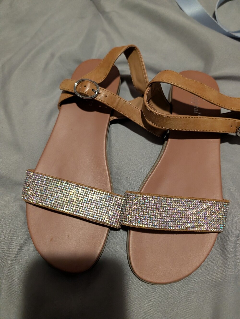 Women's Nude Tan Ankle-Strap Sandals with Sparkle Strap